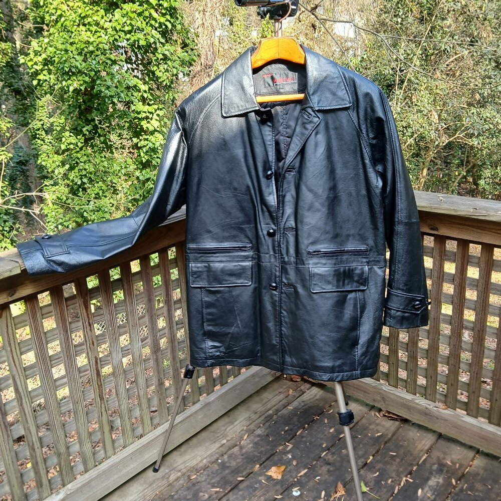 Vintage 90's Black Leather Warm Double Lined Car Coat Many Pockets & Details SzL - Picture 2 of 16
